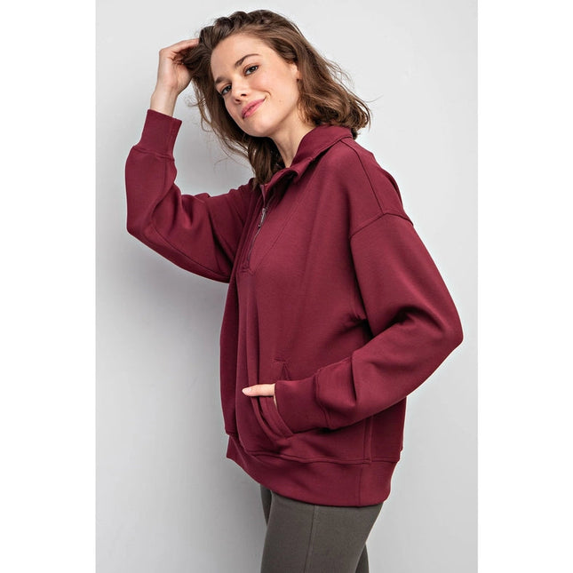 Modal Poly Span Quarter Zip Funnel Neck Pullover Wine