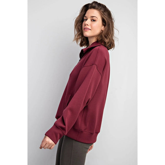 Modal Poly Span Quarter Zip Funnel Neck Pullover Wine