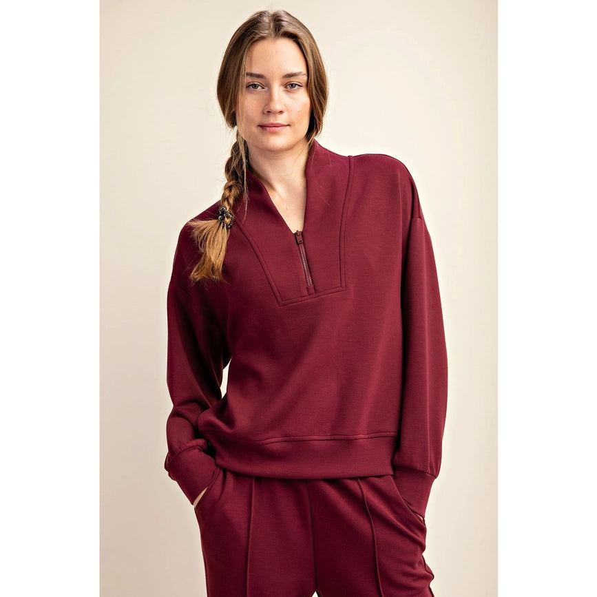 Modal Poly Span Scuba Luxe Half Zip Jacket Wine