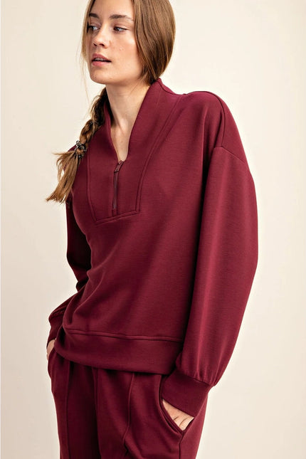 Modal Poly Span Scuba Luxe Half Zip Jacket Wine