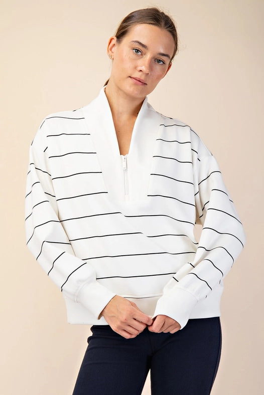 Modal Poly Span Scuba Striple V-Neck Jacket Cream/Black