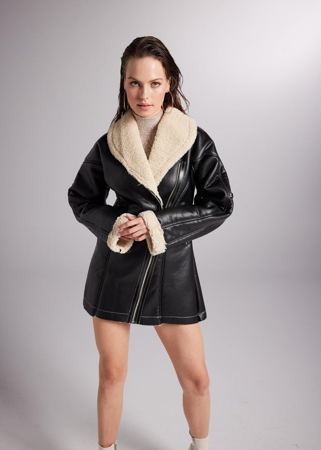 Monero Black Vegan Faux Leather Coat with Fur Lining-0