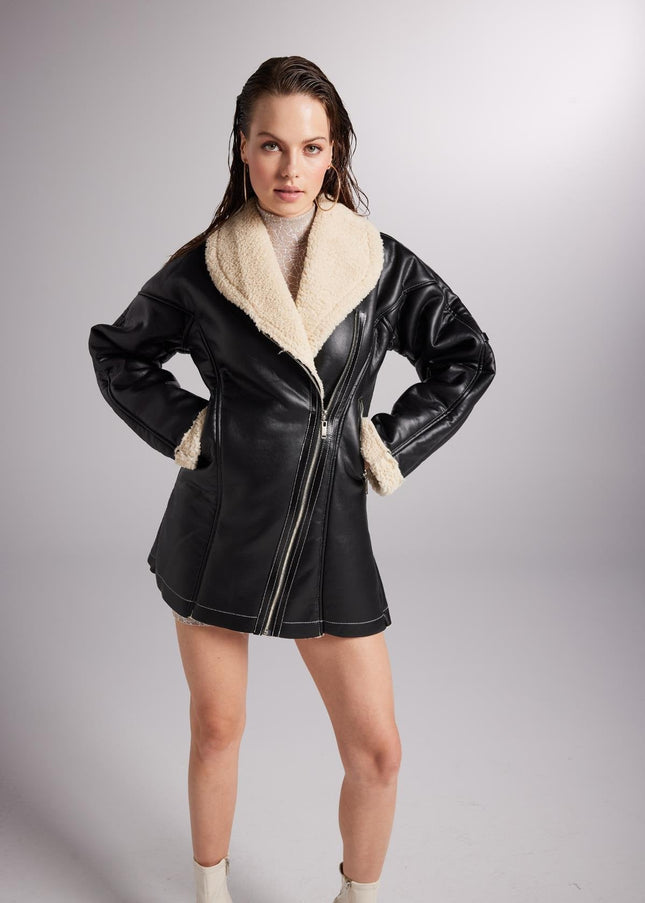 Monero Black Vegan Faux Leather Coat with Fur Lining-1