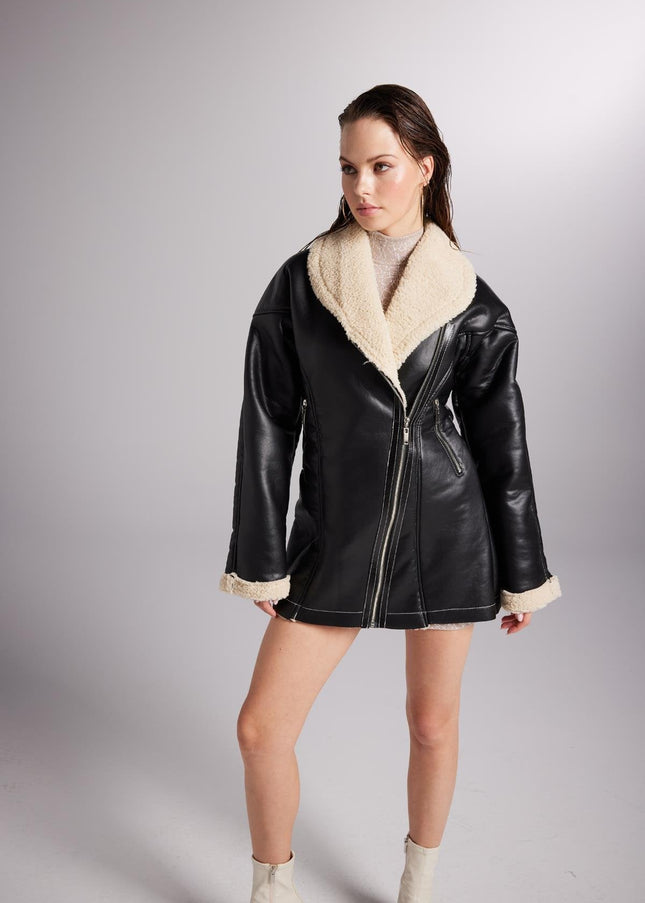 Monero Black Vegan Faux Leather Coat with Fur Lining-2