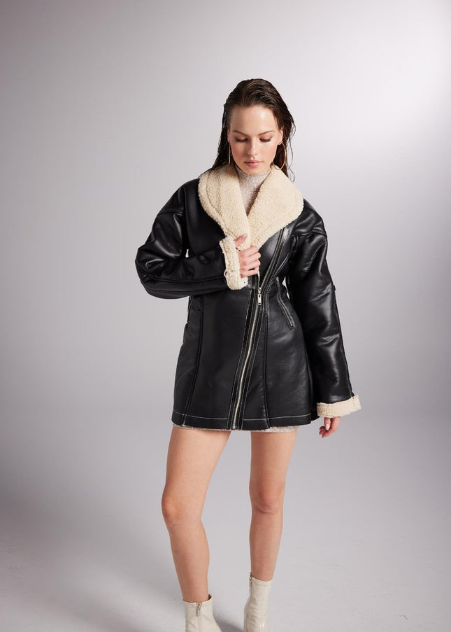 Monero Black Vegan Faux Leather Coat with Fur Lining-3