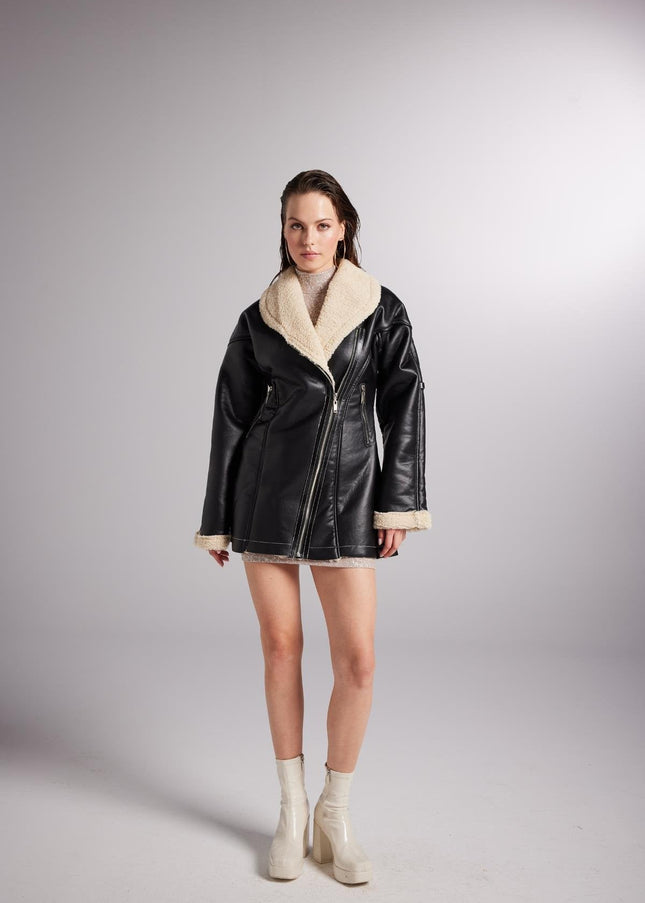 Monero Black Vegan Faux Leather Coat with Fur Lining-4