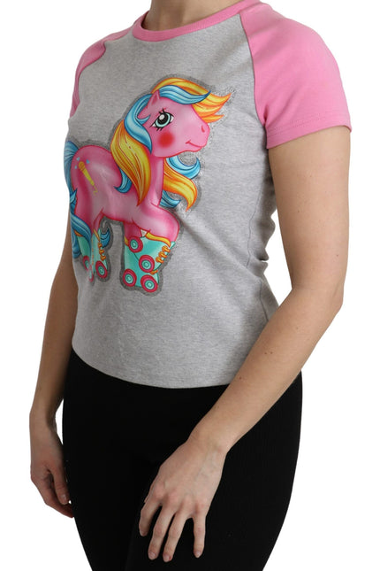 Moschino Chic Gray Crew Neck Cotton T-shirt with Pink Accents