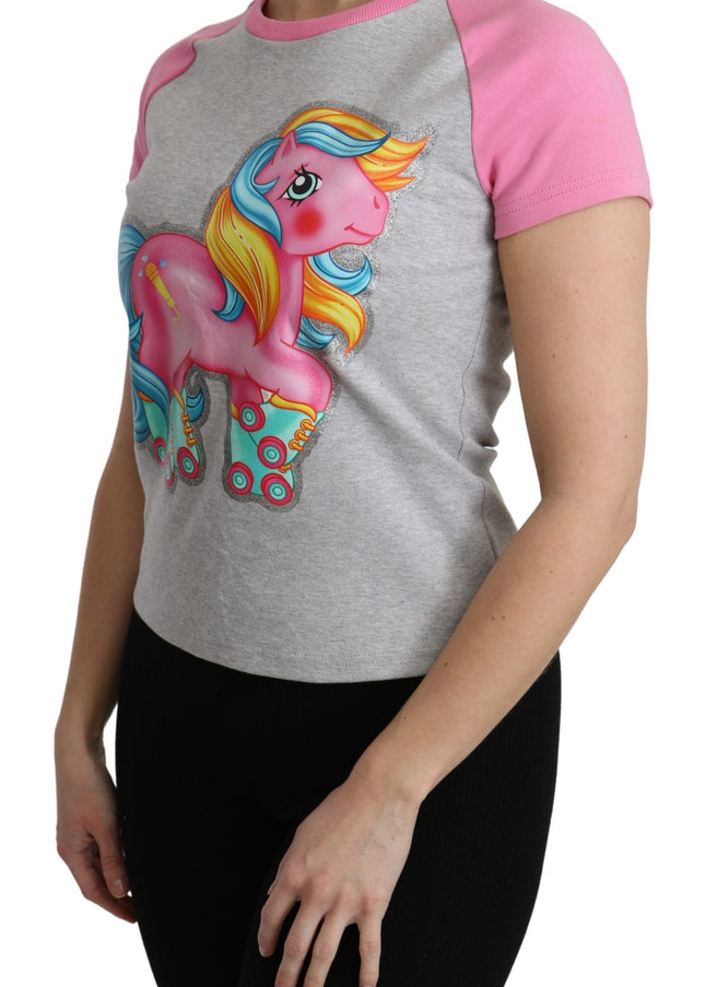 Moschino Chic Gray Crew Neck Cotton T-shirt with Pink Accents