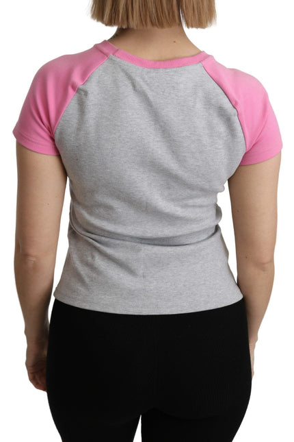 Moschino Chic Gray Crew Neck Cotton T-shirt with Pink Accents