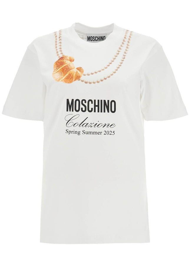 Moschino white cotton t-shirt with croissant and pearls print