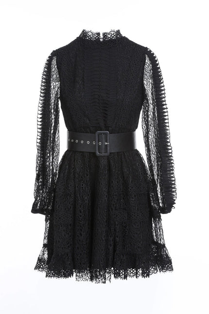 Multi Hollow Out Lace Net Belted Midi Dress-Dress-Beulah Style-S-Black-Urbanheer