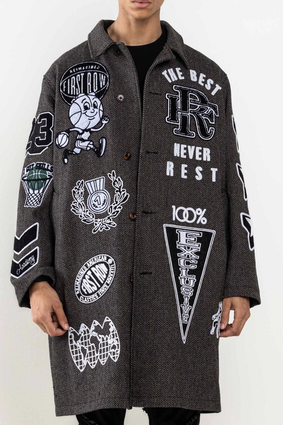 Multi Patches Wool Herringbone Long Jacket