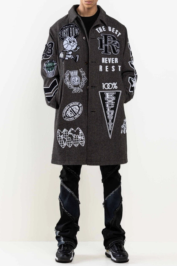 Multi Patches Wool Herringbone Long Jacket