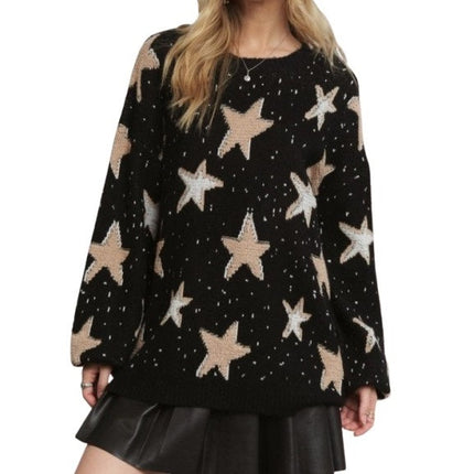 Multi Textured Star Patterned Crew Neck Sweater BLACK