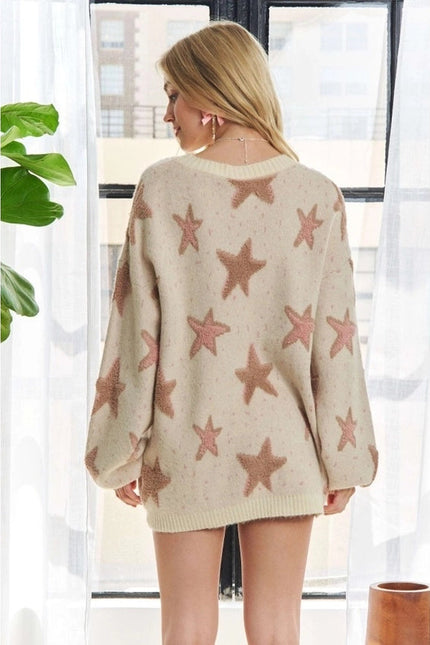 Multi Textured Star Patterned Crew Neck Sweater IVORY