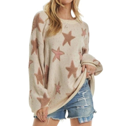 Multi Textured Star Patterned Crew Neck Sweater IVORY