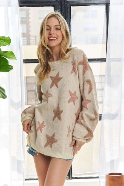 Multi Textured Star Patterned Crew Neck Sweater IVORY