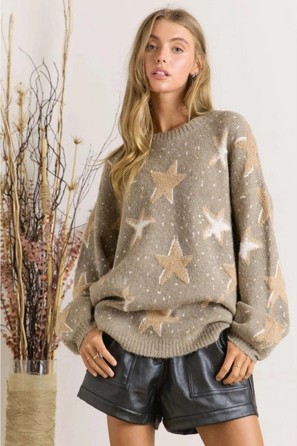 Multi Textured Star Patterned Crew Neck Sweater MOCHA