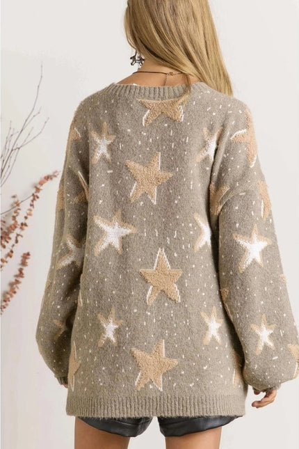 Multi Textured Star Patterned Crew Neck Sweater MOCHA