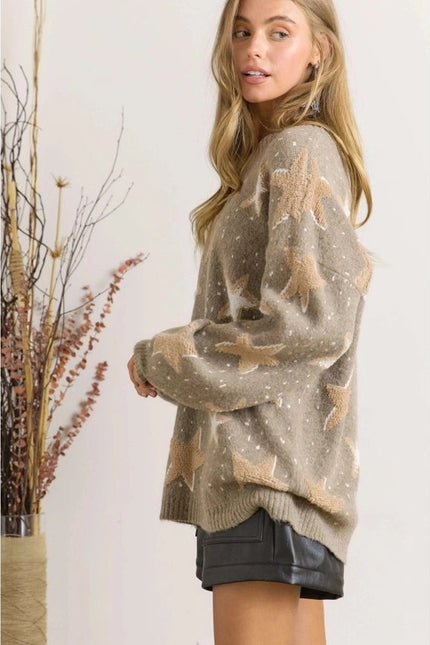 Multi Textured Star Patterned Crew Neck Sweater MOCHA