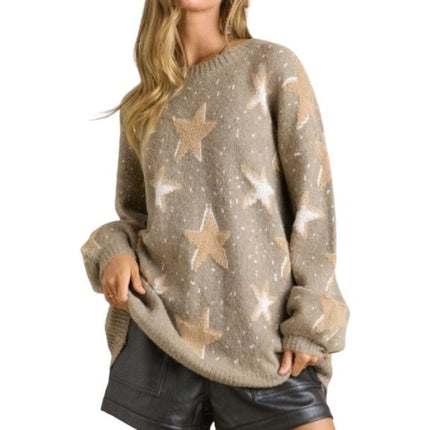 Multi Textured Star Patterned Crew Neck Sweater MOCHA