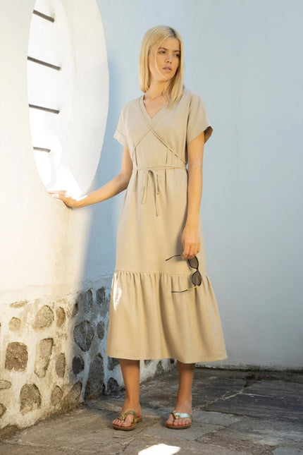 Mykonos Linen Midi Dress with A Low Tiered Hem with Belt