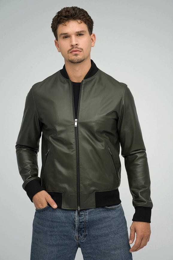 Natural Leather Jacket For Men Olive