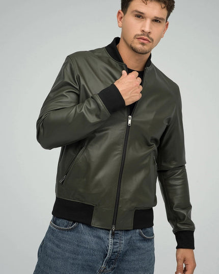 Natural Leather Jacket For Men Olive