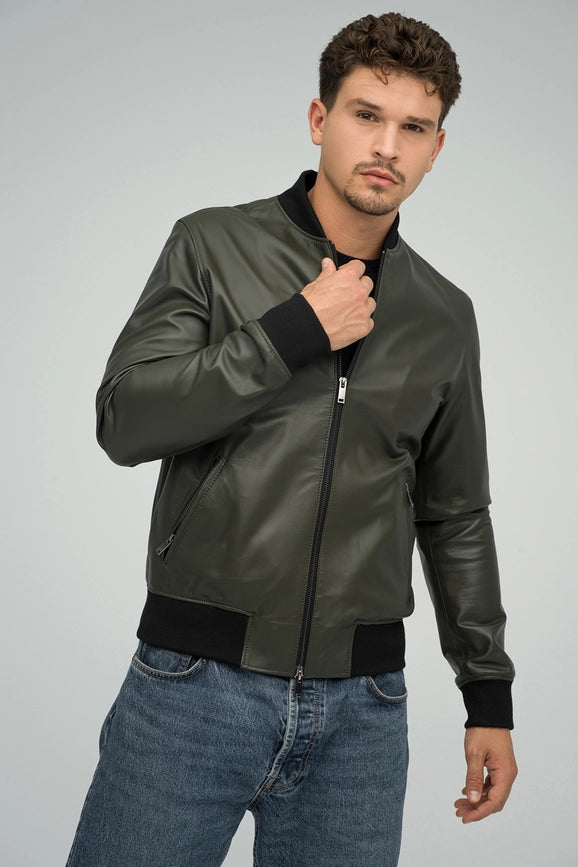 Natural Leather Jacket For Men Olive