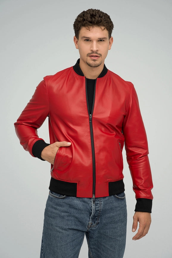 Natural Leather Jacket For Men Red