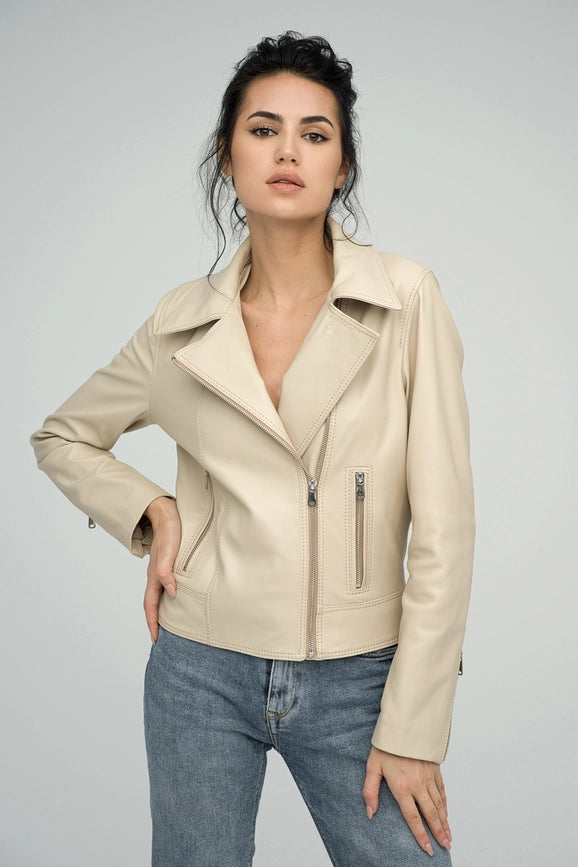 Natural Leather Jacket For Women cream