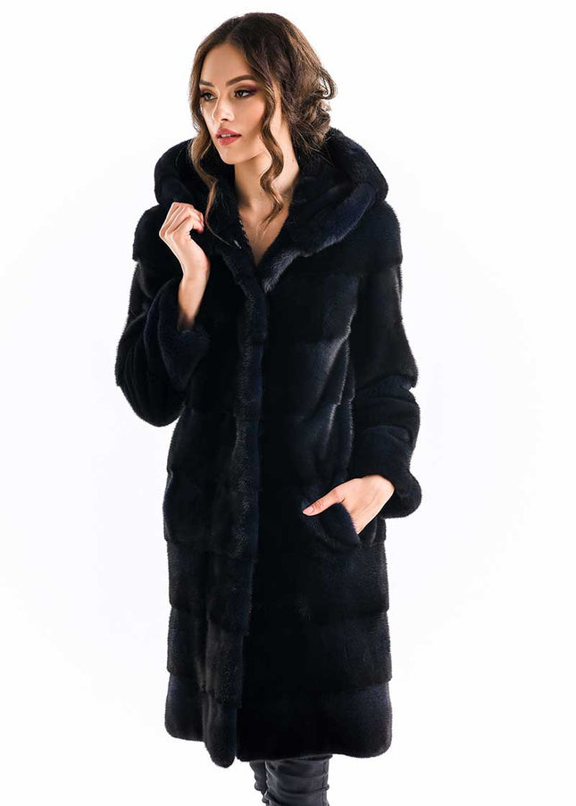 Navy Blue Genuine Mink Fur Hooded Maxi Coat-0