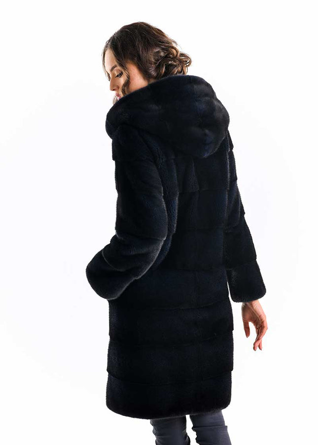 Navy Blue Genuine Mink Fur Hooded Maxi Coat-1