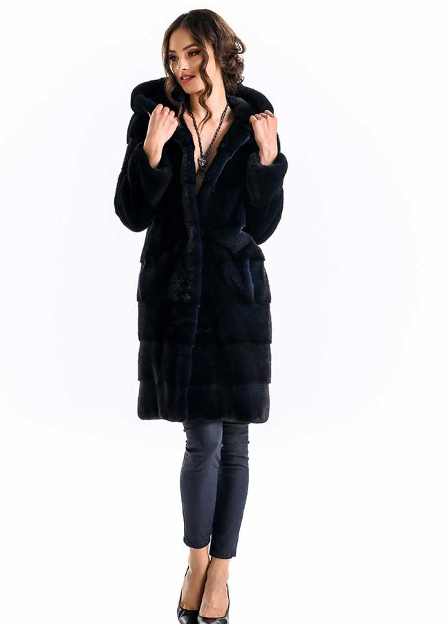 Navy Blue Genuine Mink Fur Hooded Maxi Coat-2