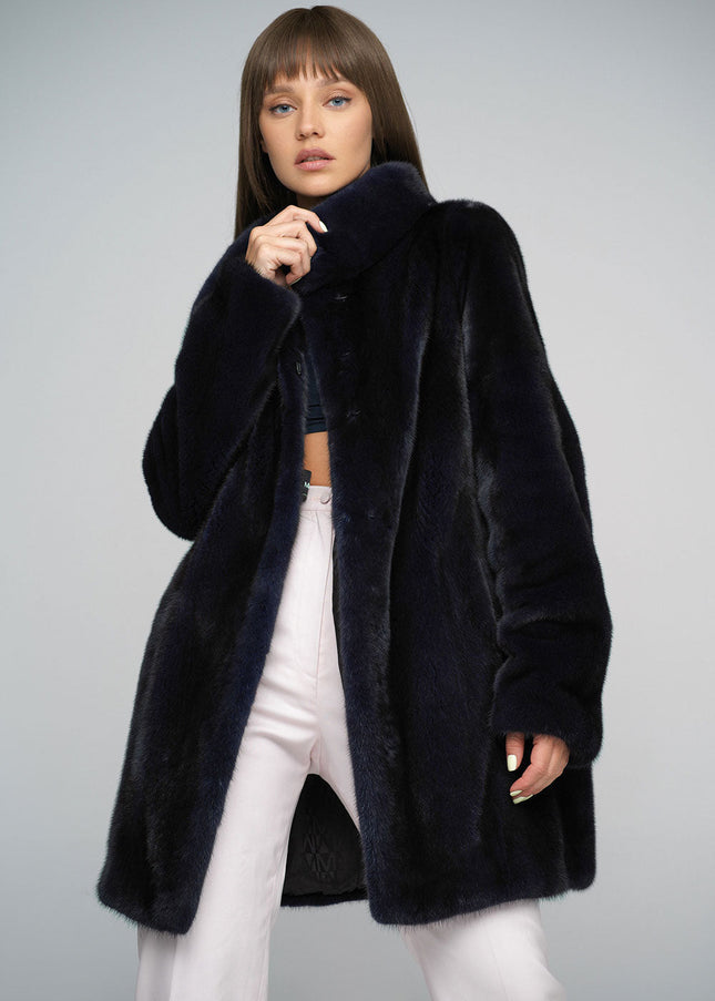 Navy Blue Genuine Mink Fur Midi Coat-0