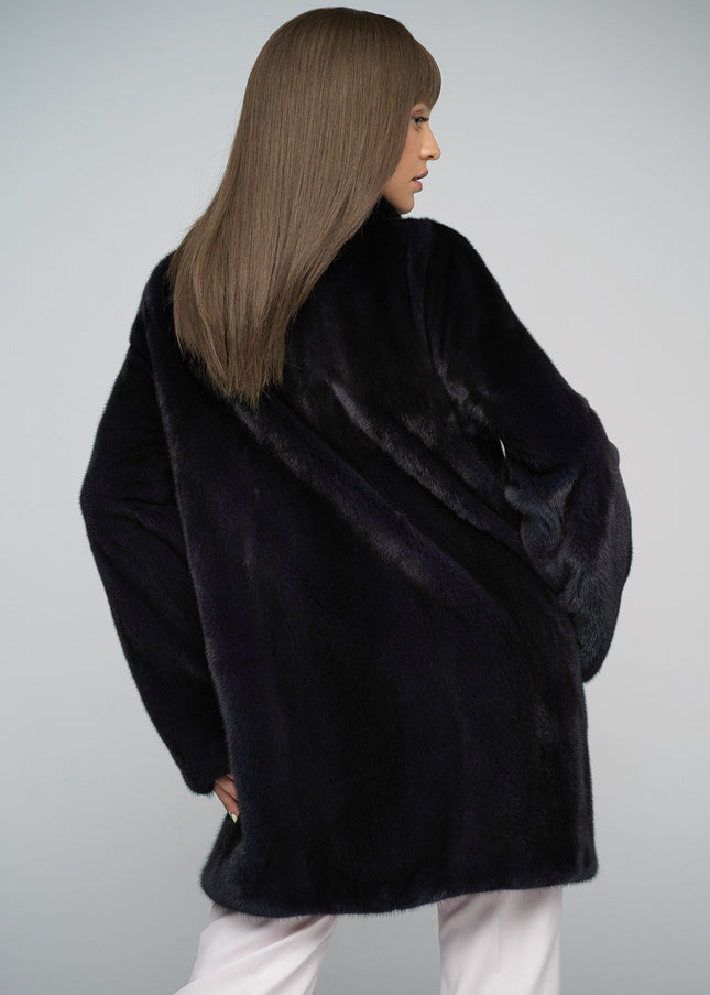 Navy Blue Genuine Mink Fur Midi Coat-1