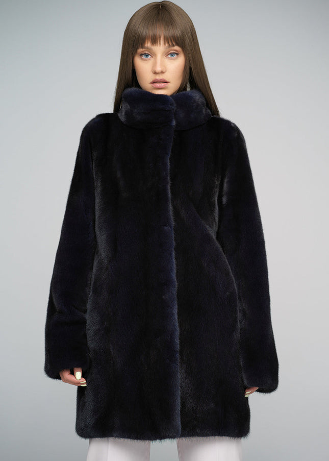 Navy Blue Genuine Mink Fur Midi Coat-2