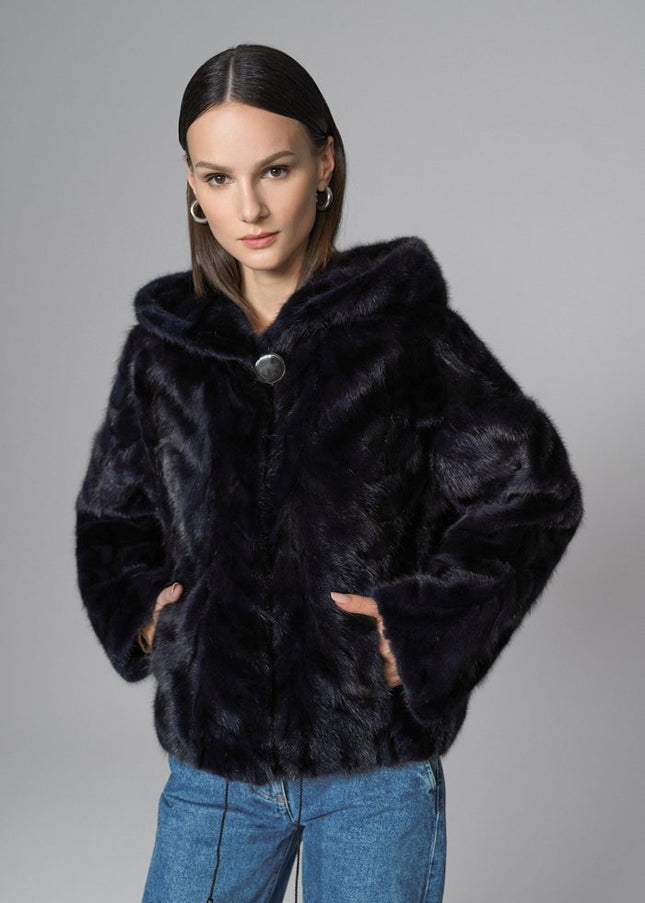 Navy Blue Hooded Nutria Mink Fur Coat-0