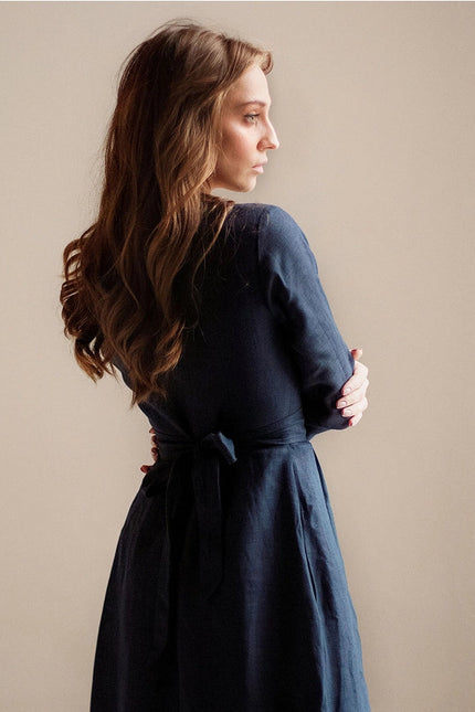 Navy Blue Linen Dress Maxi With Front Buttons And Collar-Dress-Nich Linen-Urbanheer