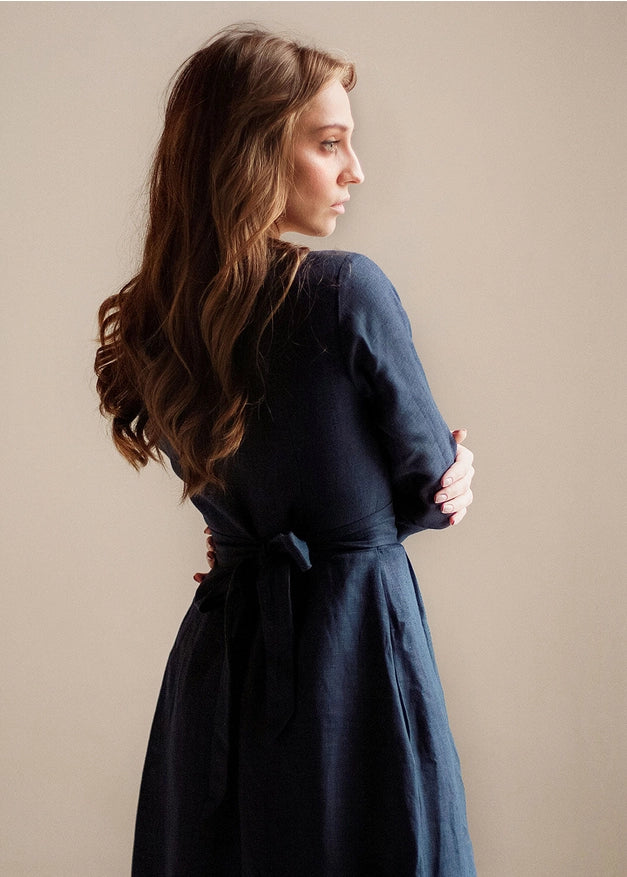 Navy Blue Linen Dress Maxi With Front Buttons And Collar-Dress-Nich Linen-Urbanheer