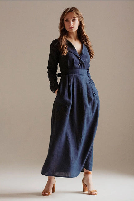 Navy Blue Linen Dress Maxi With Front Buttons And Collar-Dress-Nich Linen-Urbanheer