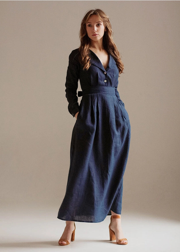 Navy Blue Linen Dress Maxi With Front Buttons And Collar-Dress-Nich Linen-Urbanheer