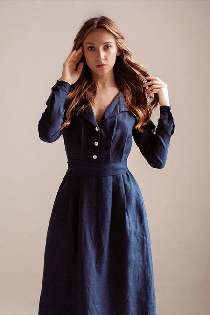 Navy Blue Linen Dress Maxi With Front Buttons And Collar-Dress-Nich Linen-XXS-Urbanheer