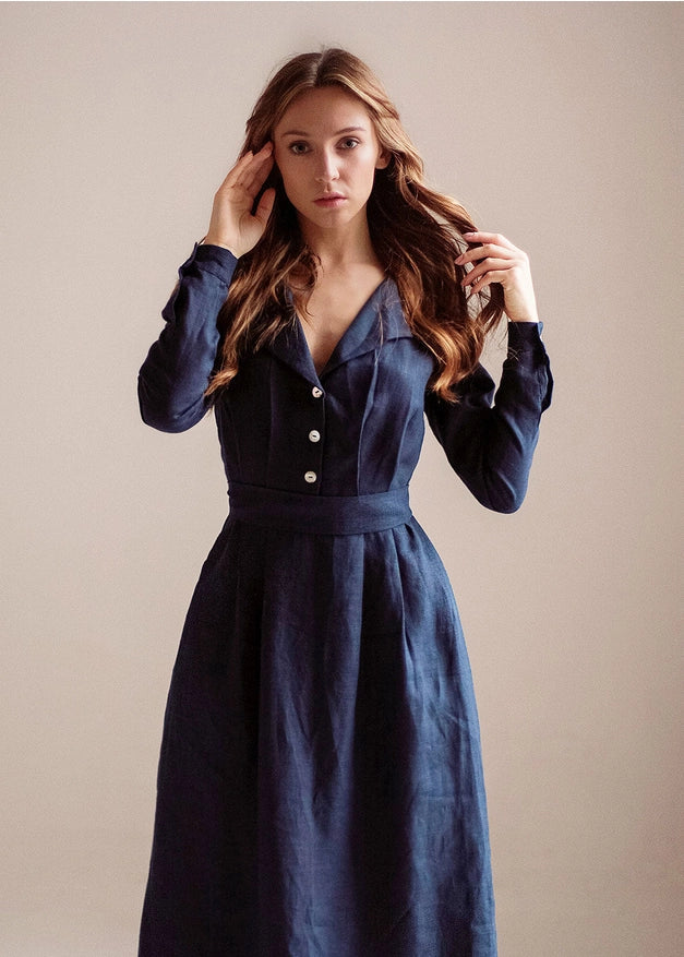 Navy Blue Linen Dress Maxi With Front Buttons And Collar-Dress-Nich Linen-XXS-Urbanheer