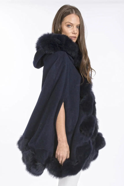 Navy Cashmere Hooded and Fox Fur Cape Coat-1