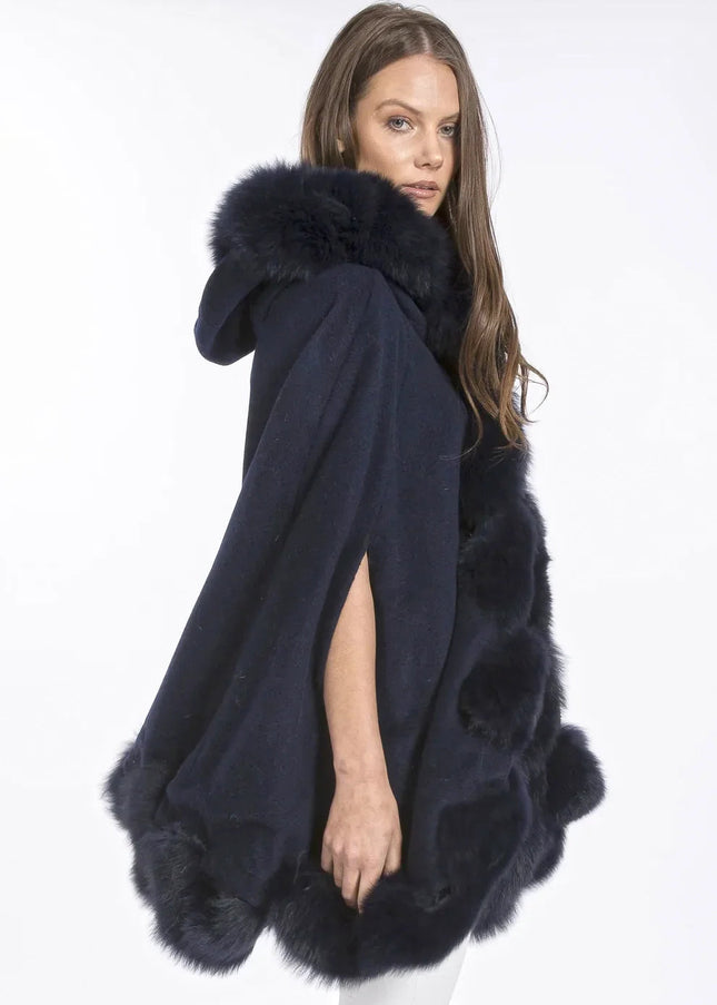 Navy Cashmere Hooded and Fox Fur Cape Coat-1