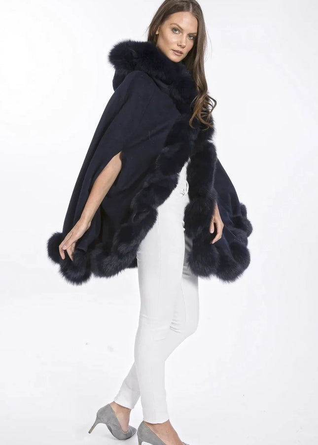 Navy Cashmere Hooded and Fox Fur Cape Coat-2