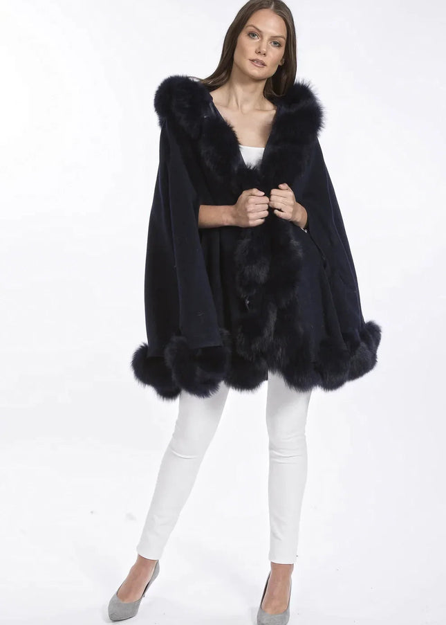 Navy Cashmere Hooded and Fox Fur Cape Coat-0