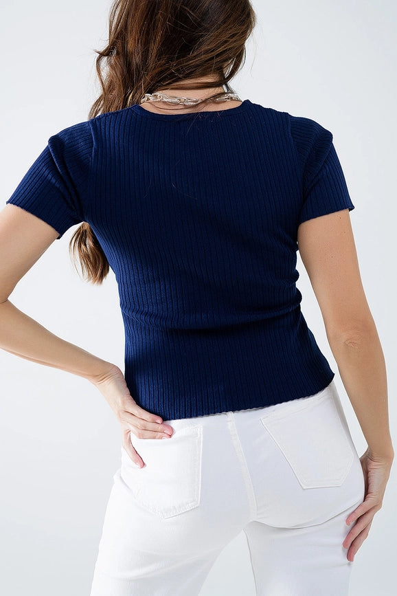 Navy Sweater with Crossed Front and V-Neck