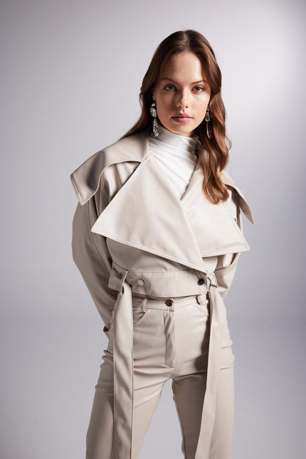 Neeko Beige Faux Leather Cropped Jacket-1